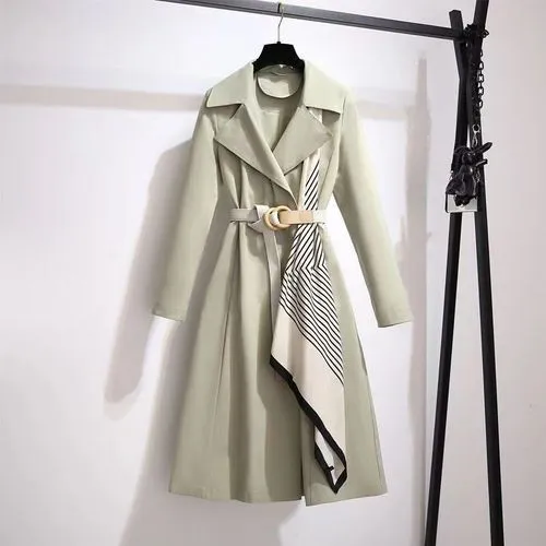 Women's British Style Solid Color Pocket Belt Single Breasted Coat Trench Coat