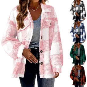 Women's Casual Streetwear Plaid Printing Pocket Single Breasted Coat Woolen Coat