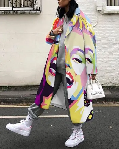 Women's Fashion Color Block Printing Placket Coat Woolen Coat