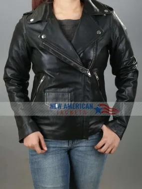 Womens Black Moto Leather Jacket - New American Jackets