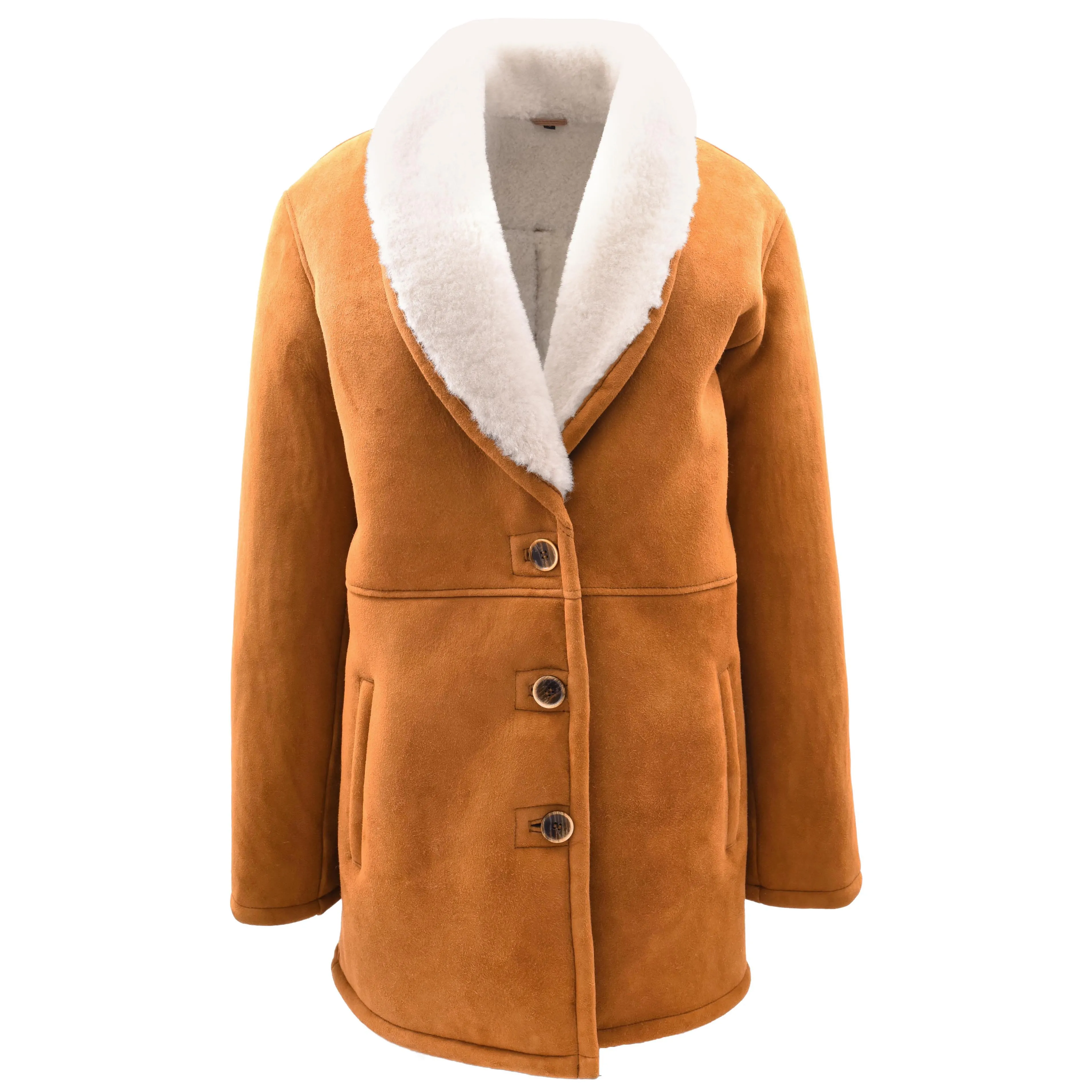 Womens Cognac Sheepskin Coat Mid Length White Merino Brenda