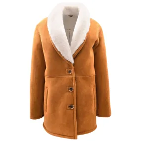 Womens Cognac Sheepskin Coat Mid Length White Merino Brenda