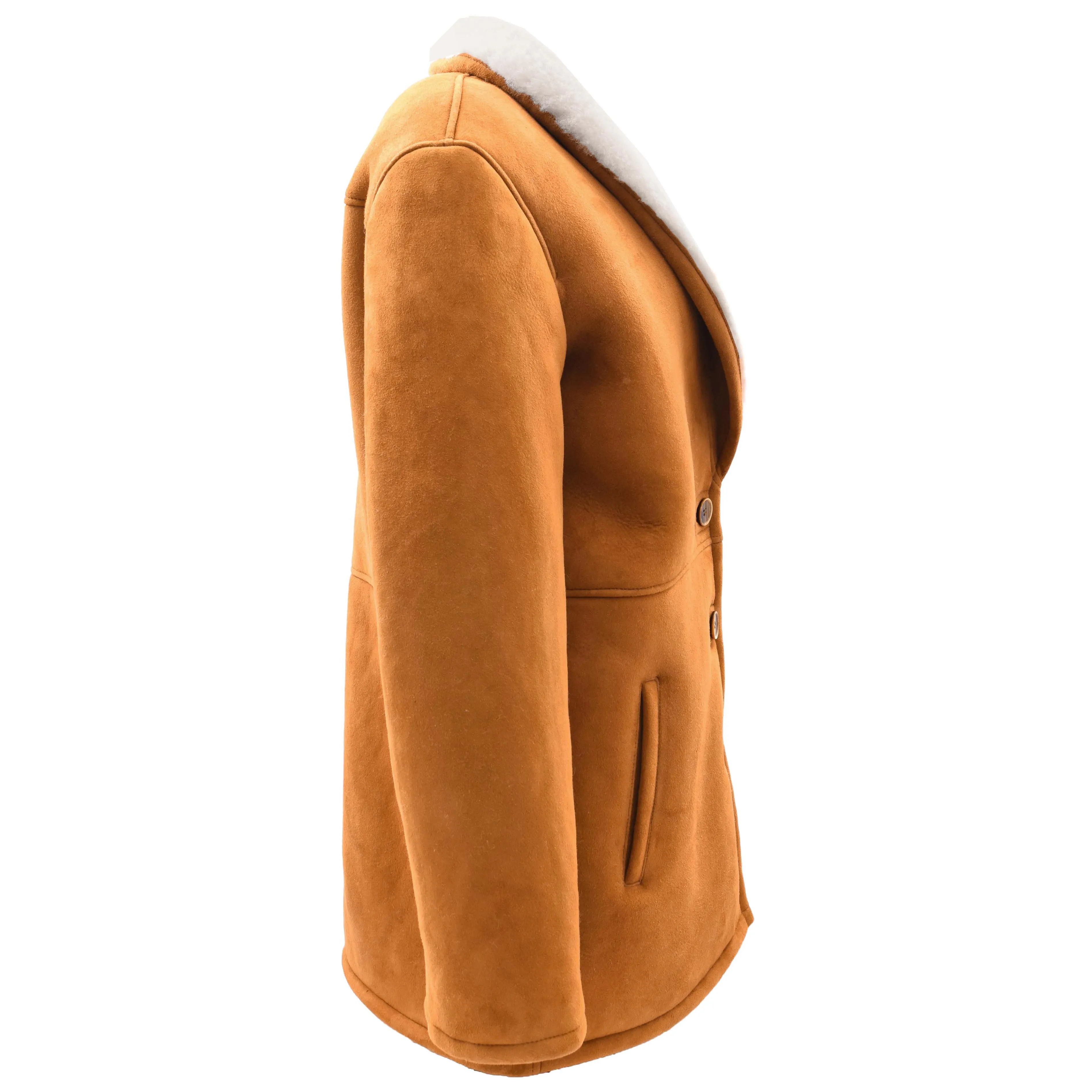 Womens Cognac Sheepskin Coat Mid Length White Merino Brenda