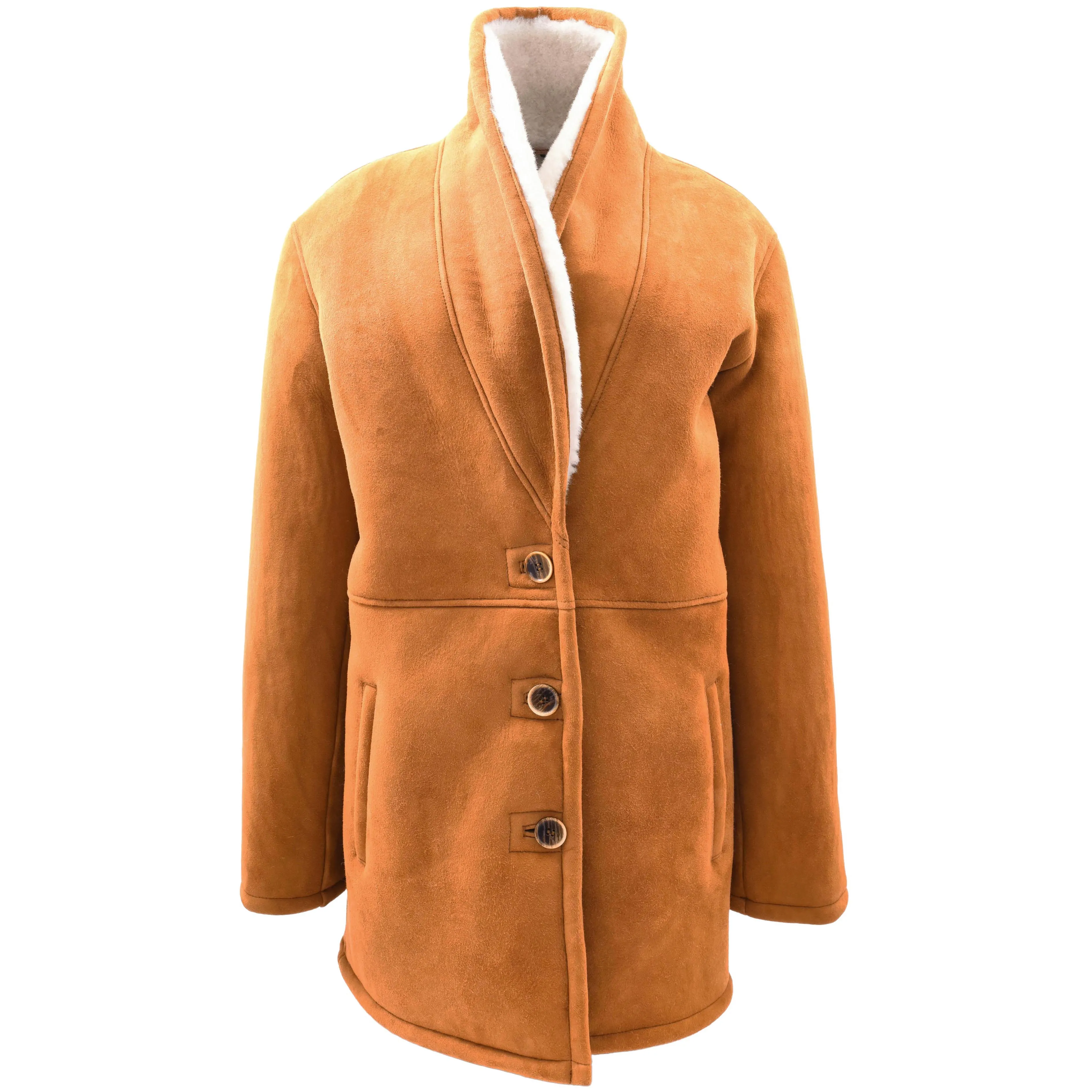 Womens Cognac Sheepskin Coat Mid Length White Merino Brenda