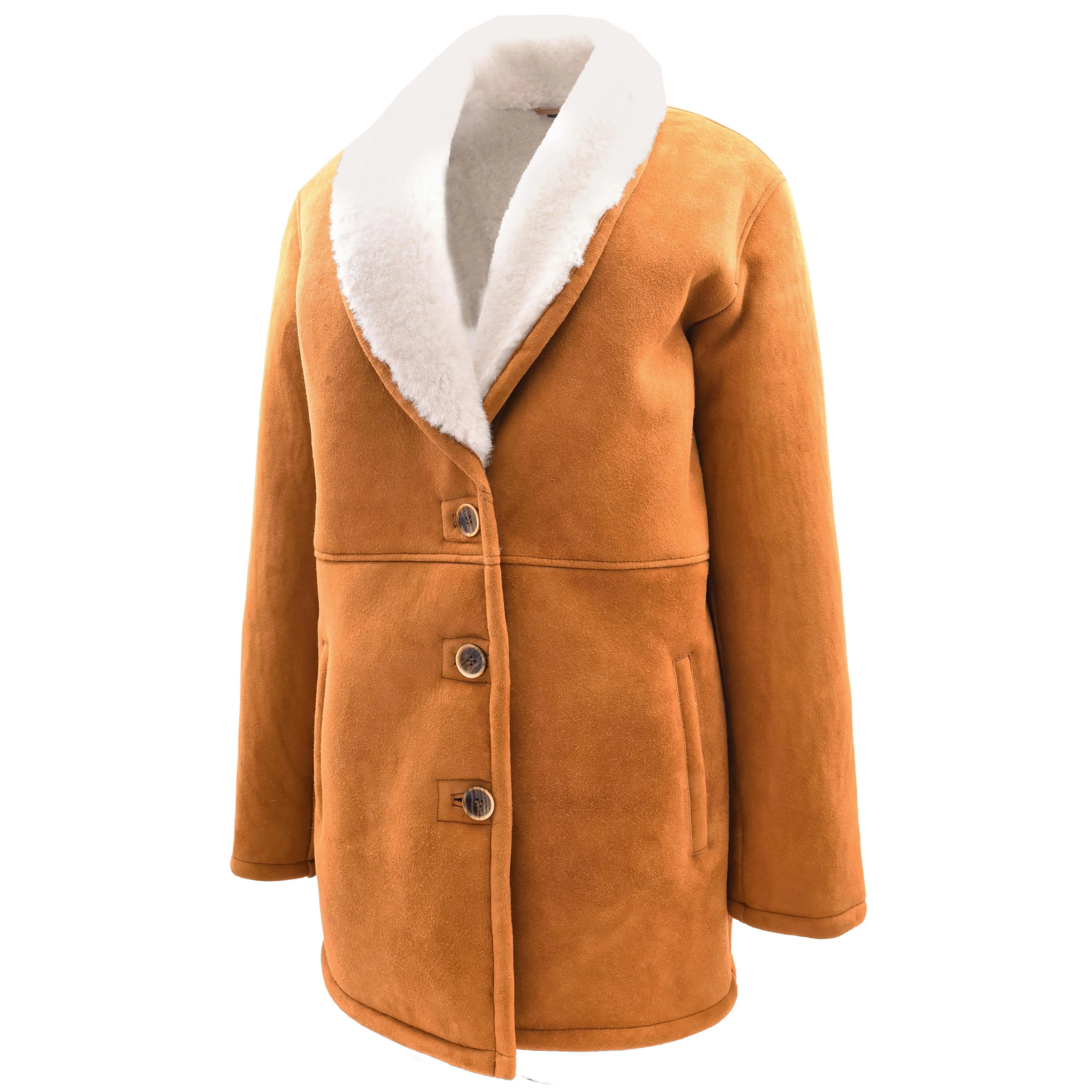 Womens Cognac Sheepskin Coat Mid Length White Merino Brenda