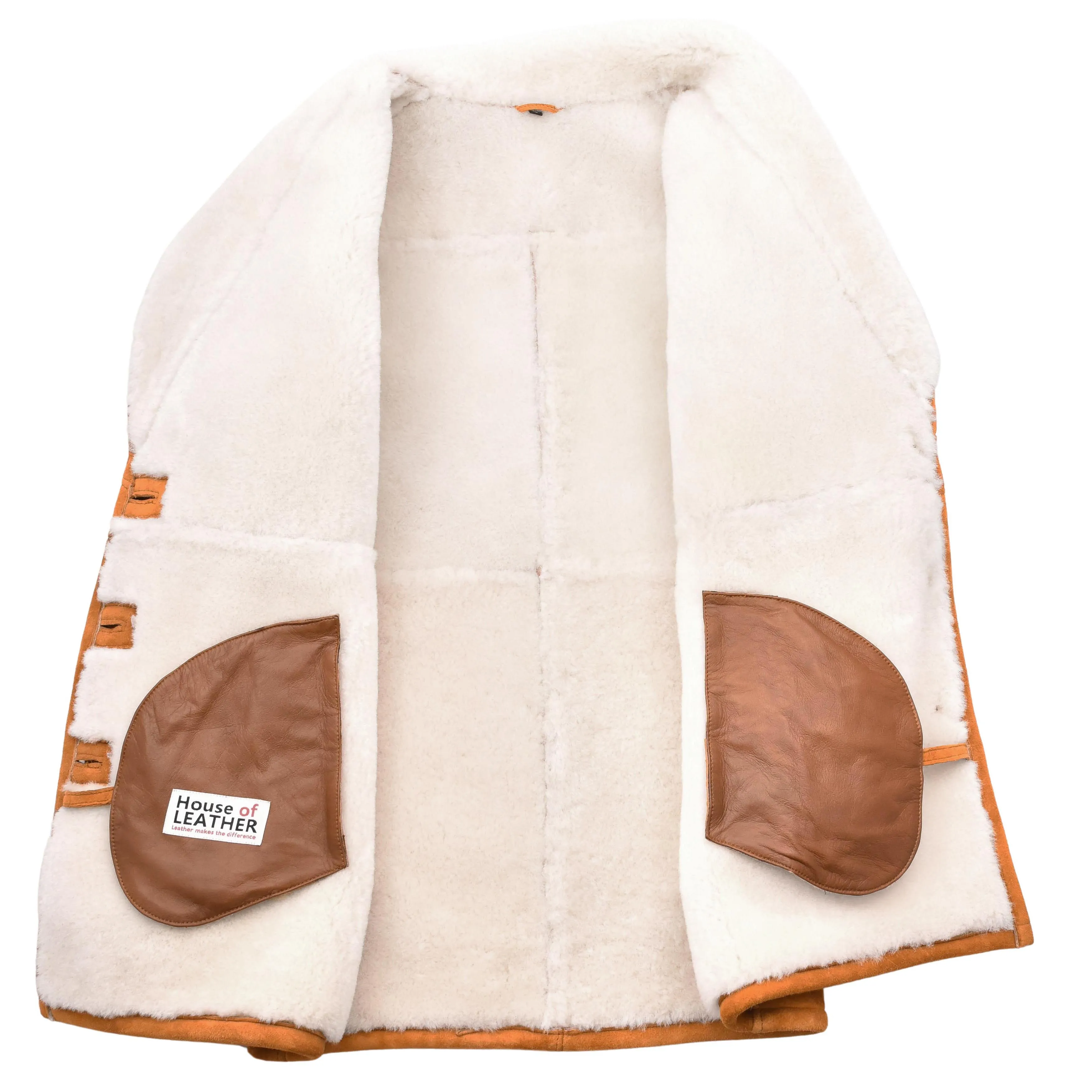 Womens Cognac Sheepskin Coat Mid Length White Merino Brenda