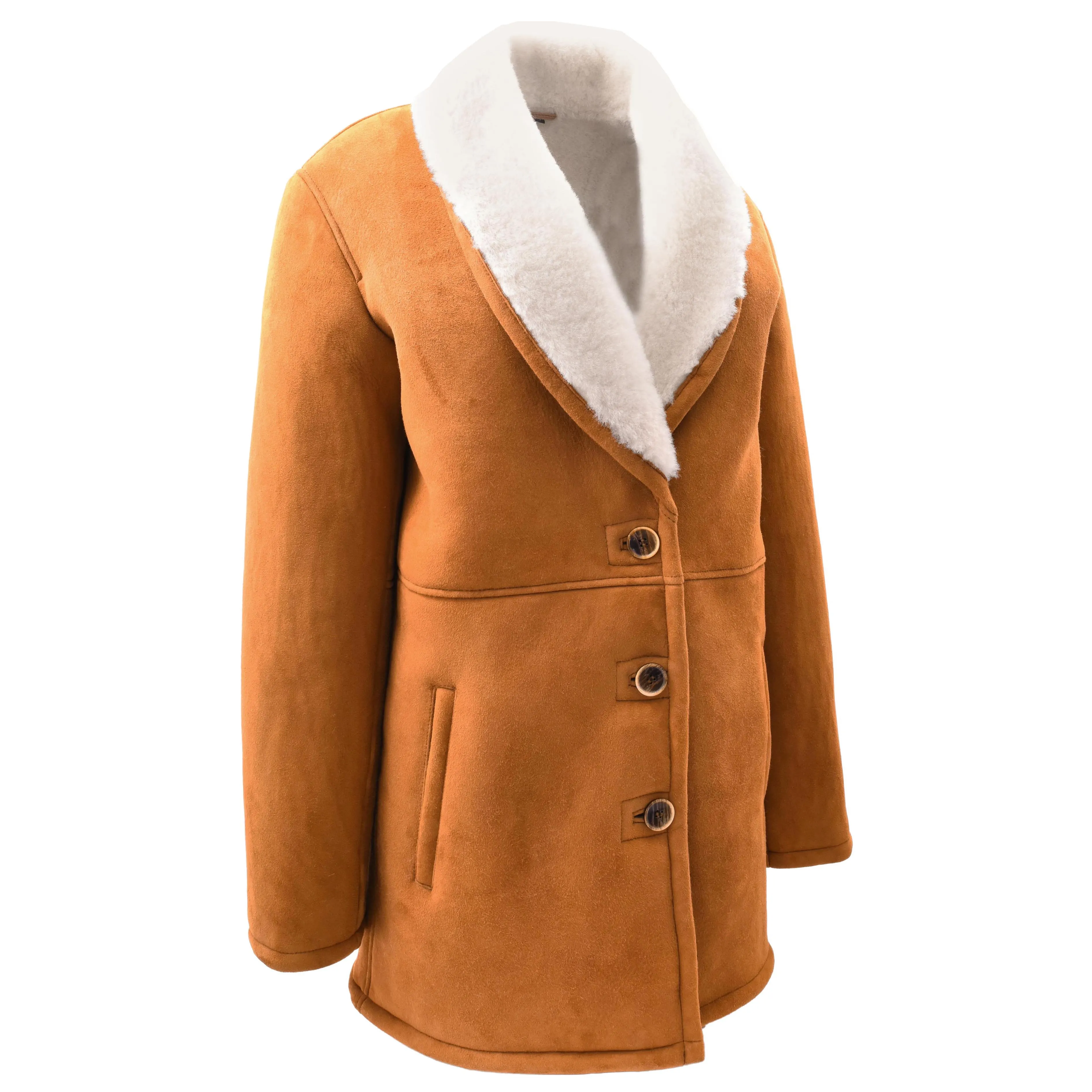 Womens Cognac Sheepskin Coat Mid Length White Merino Brenda