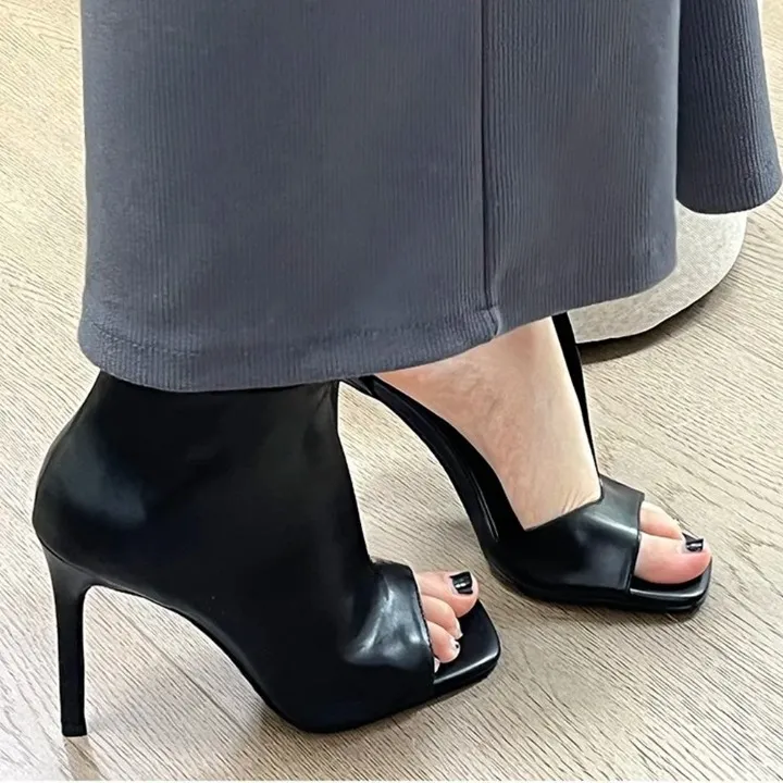 Women's Glossy Open Toe Side Hollow Out Buckle Strap Hi-heel Pumps