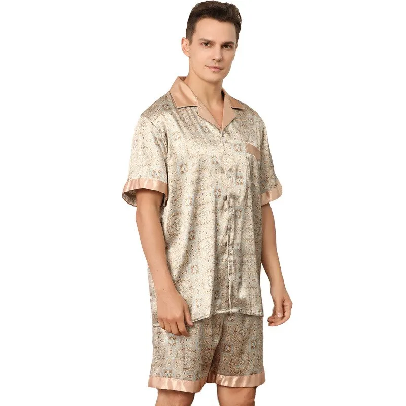 Xituodai Summer Men's Short-sleeved Shorts Pajamas Set Print Home Clothes Silk Pajamas Men Sleepwear Pajamas Sets Sleep Tops Pij