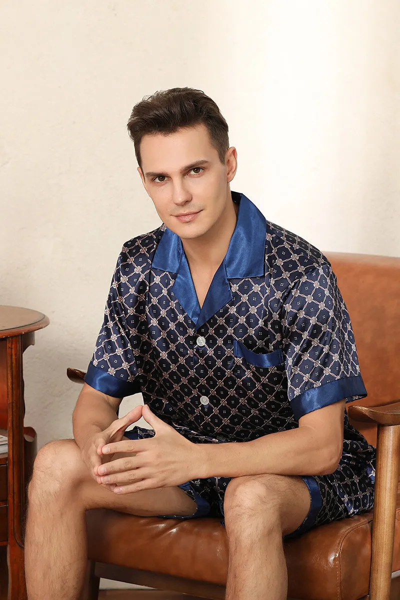 Xituodai Summer Men's Short-sleeved Shorts Pajamas Set Print Home Clothes Silk Pajamas Men Sleepwear Pajamas Sets Sleep Tops Pij