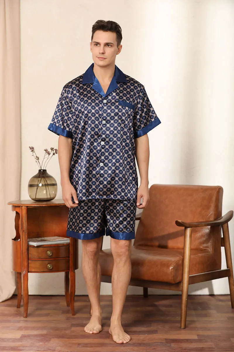 Xituodai Summer Men's Short-sleeved Shorts Pajamas Set Print Home Clothes Silk Pajamas Men Sleepwear Pajamas Sets Sleep Tops Pij