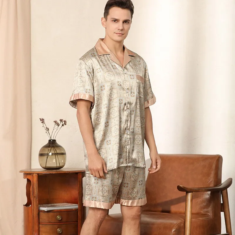 Xituodai Summer Men's Short-sleeved Shorts Pajamas Set Print Home Clothes Silk Pajamas Men Sleepwear Pajamas Sets Sleep Tops Pij