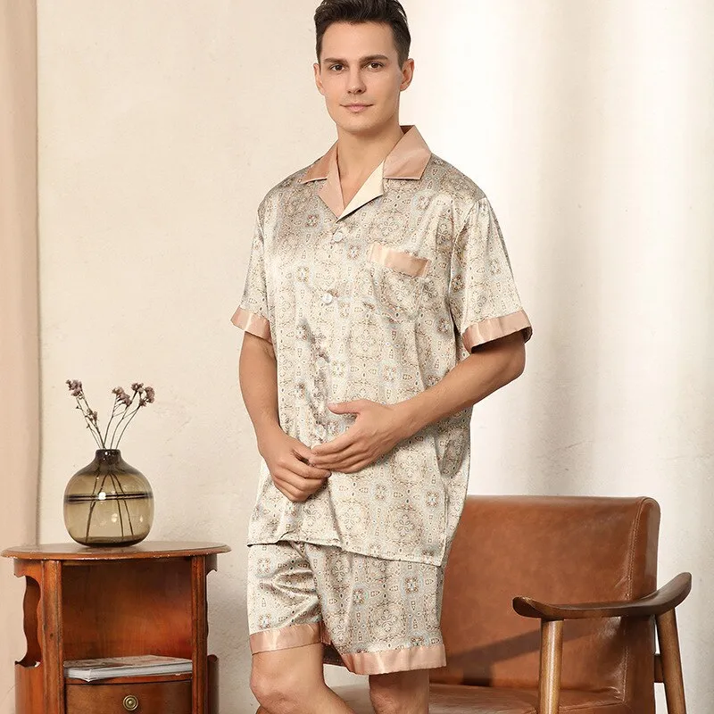 Xituodai Summer Men's Short-sleeved Shorts Pajamas Set Print Home Clothes Silk Pajamas Men Sleepwear Pajamas Sets Sleep Tops Pij