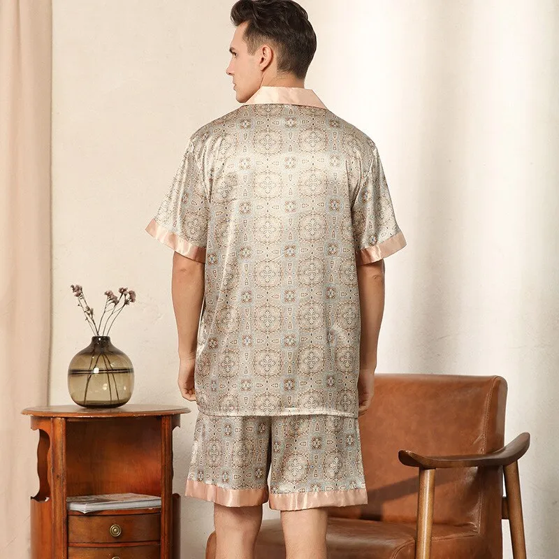 Xituodai Summer Men's Short-sleeved Shorts Pajamas Set Print Home Clothes Silk Pajamas Men Sleepwear Pajamas Sets Sleep Tops Pij