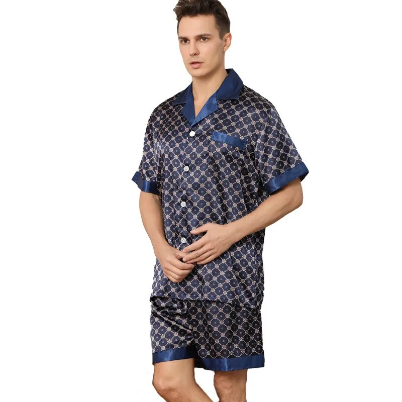 Xituodai Summer Men's Short-sleeved Shorts Pajamas Set Print Home Clothes Silk Pajamas Men Sleepwear Pajamas Sets Sleep Tops Pij